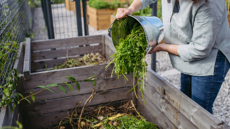 Woman pouring organic materials into wooden compost bin