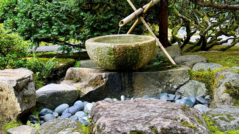 A traditional Japanese water fountain made from bamboo