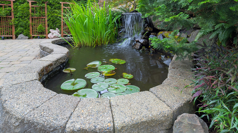 A pond complete with fountain, constructed with pavers
