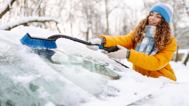Woman clears snow off car