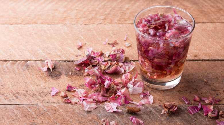 Onion skins soaking in water to make fertilizer