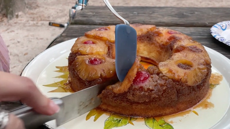 Pineapple upside down cake on a picnic table