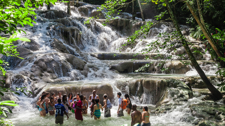 A group of people at Dunn's River Falls