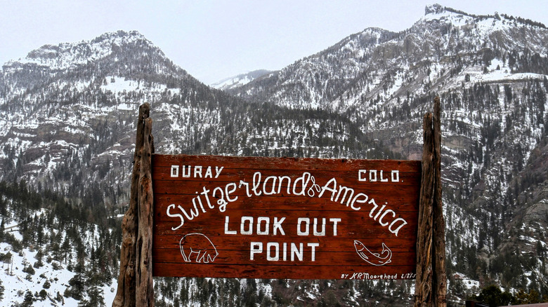 Ouray, Colorado lookout point sign and San Juan Mountains