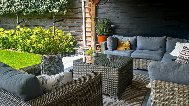 Wicker patio furniture on a patio