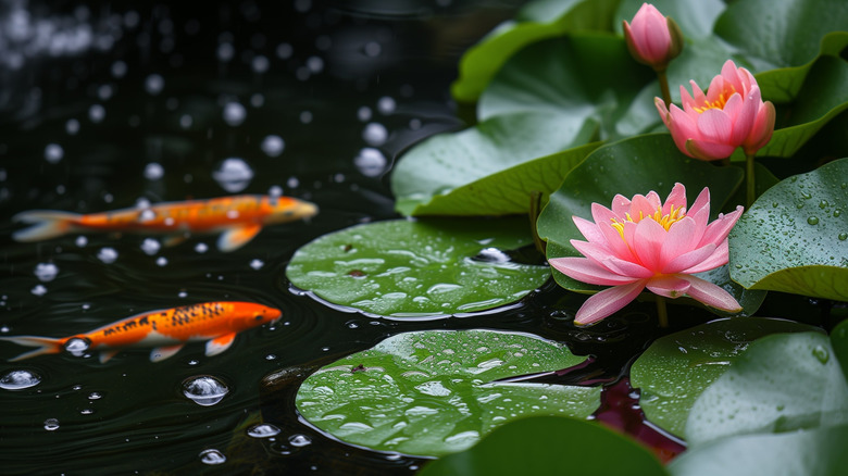 Beautiful pink lotus flower in a koi pond