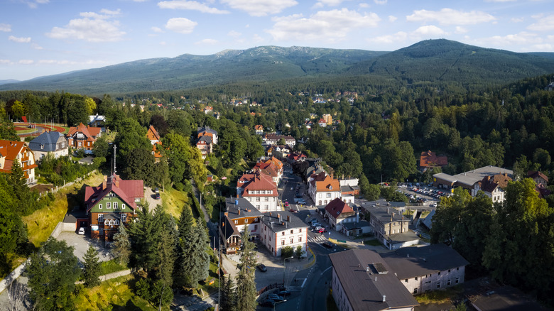 Aerial view of the Polish ski town of Szklarska Poręba, at the foot of the Karkonosze mountains.