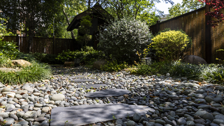 river rock pathway bordered by plants