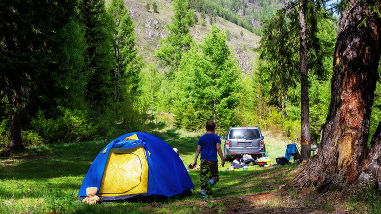 Child and tent at a well-used campsite