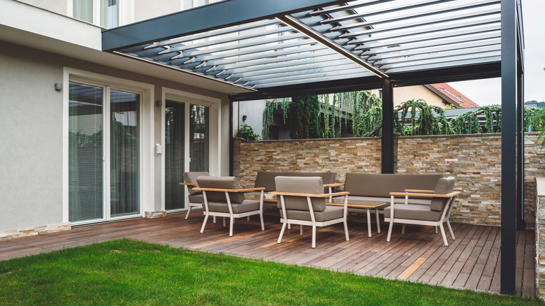 Wooden patio in backyard
