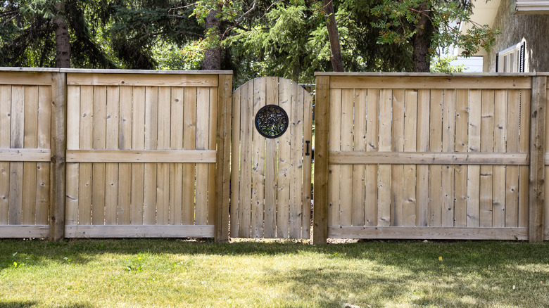 A wooden backyard fence with gate