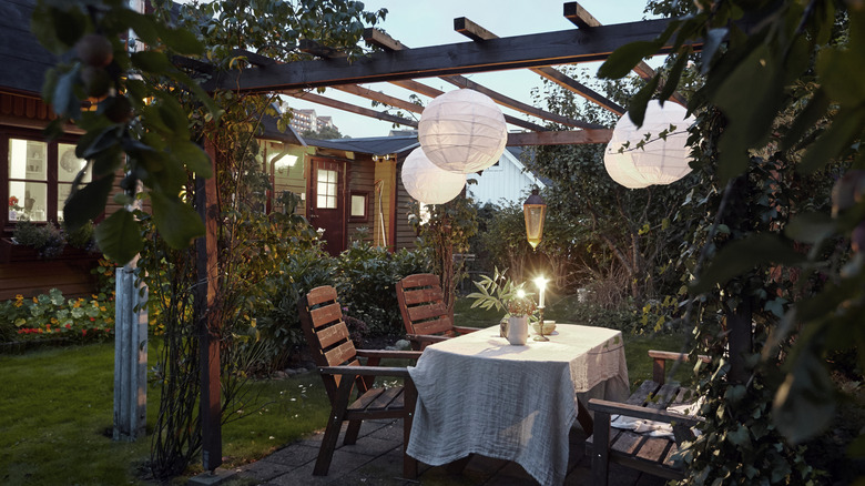 Garden pergola with paper lanterns