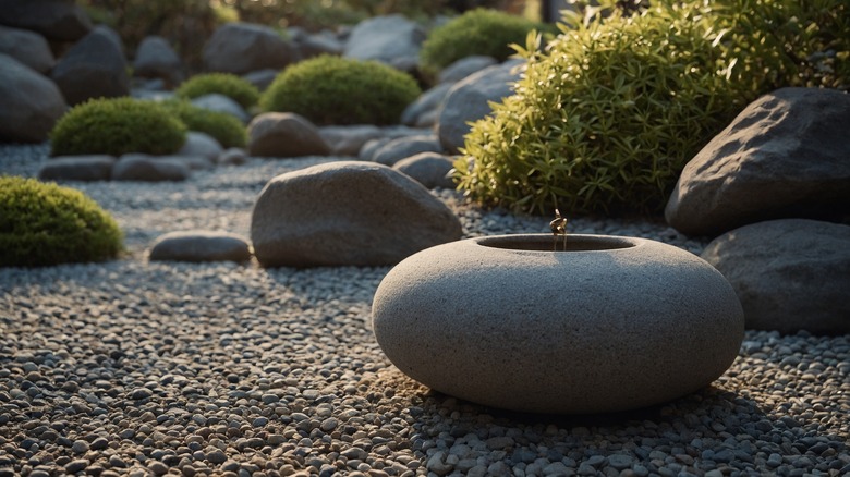 A rock garden with greenery and decorative stone elements