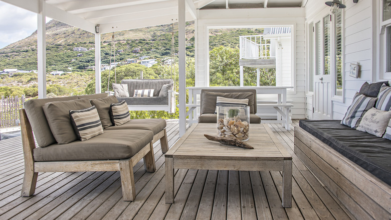High-end patio furniture on a wooden deck