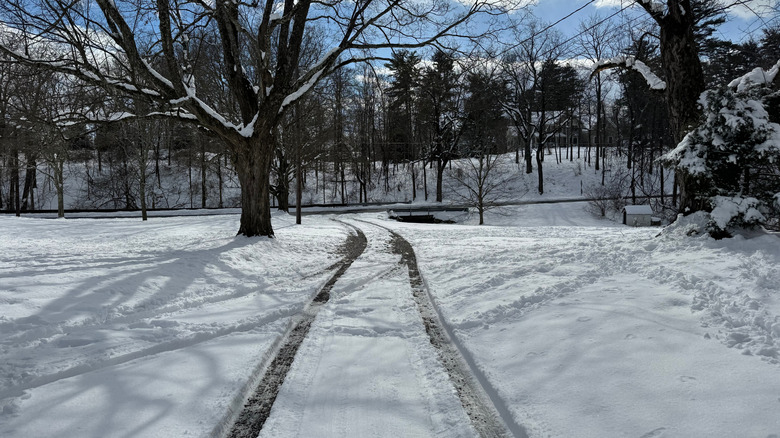Tire tracks on a snow-covered gravel driveway