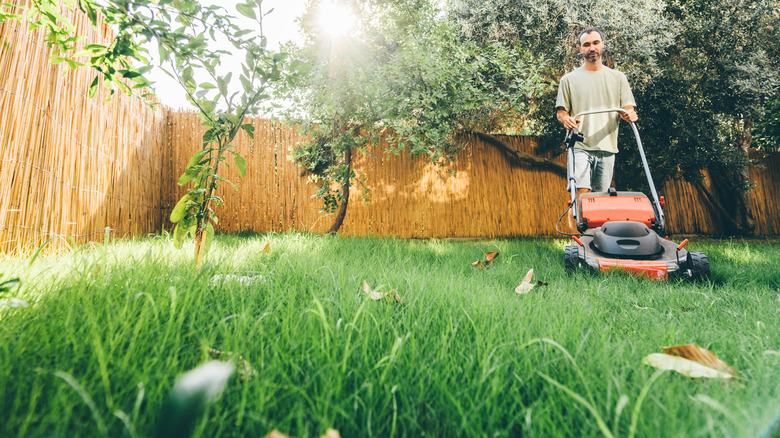 A man in the process of mowing his tall grass