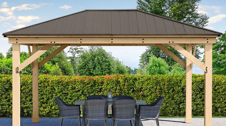 A timber-framed Yardistry gazebo with aluminum roof