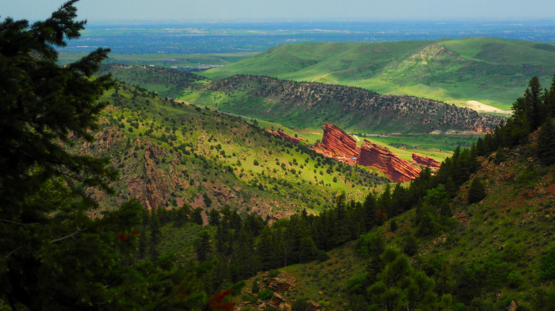 View of Red Rocks Park and Amphitheater looking east from Mt. Falcon.
