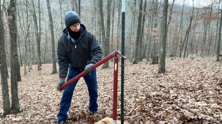 Man removing a T post with a fence post puller