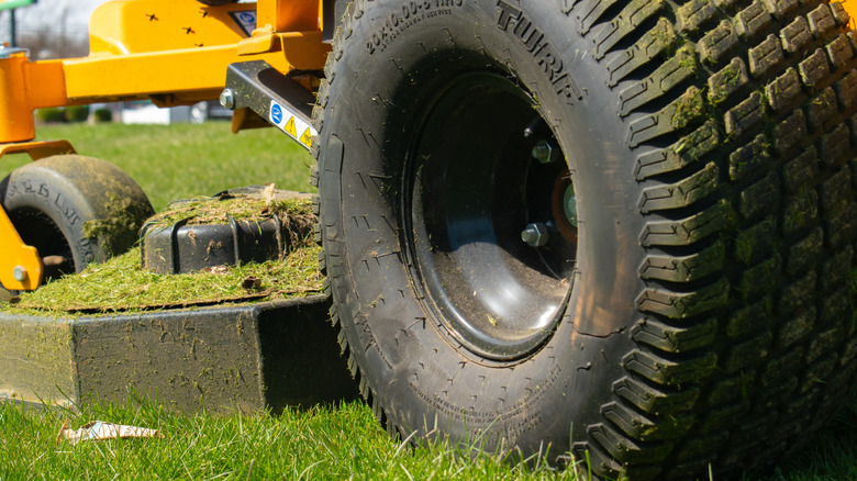 Close-up of a lawn mower tire