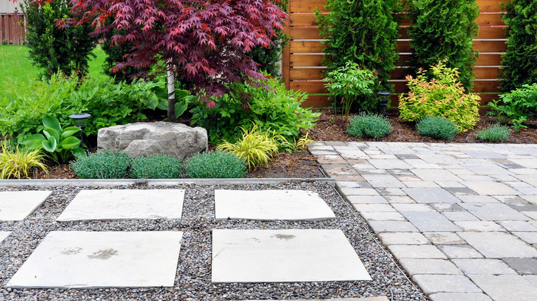 Large paver walkway in front of bushes, trees, and plants.