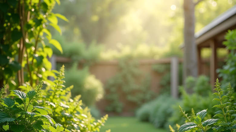 A garden and fenced backyard with soft, warm sunlight filtering in though a canopy of trees