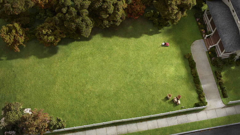 Aerial view of house with green lawn