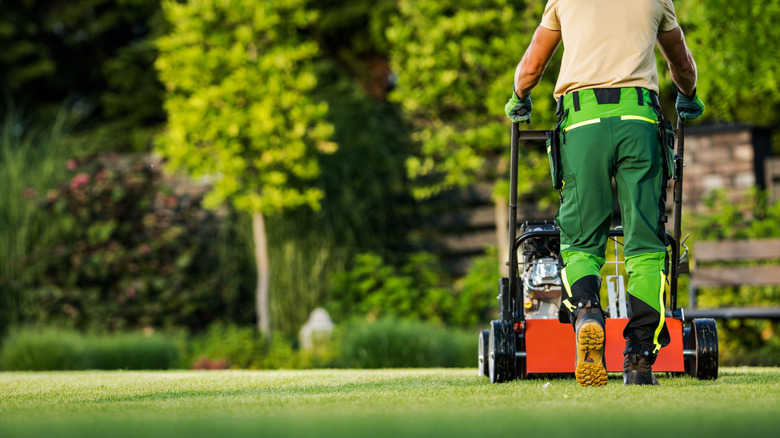 Lawn care professional mowing the lawn