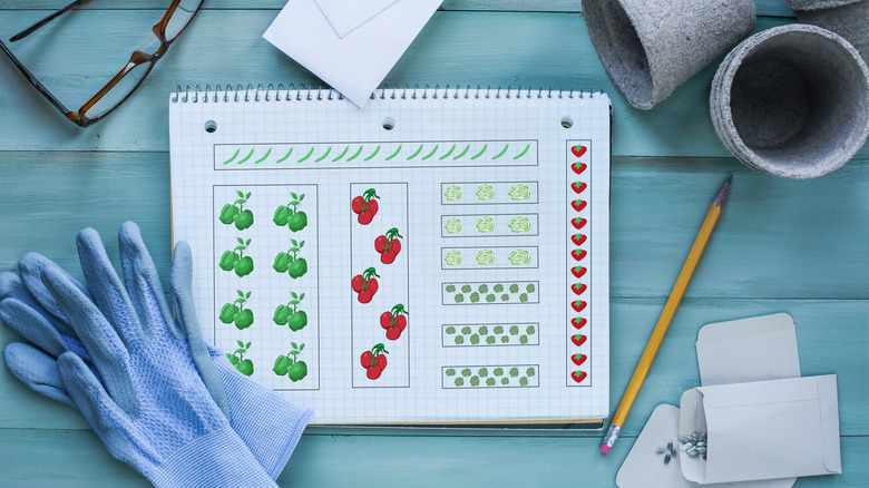 A notebook with a vegetable garden layout on a desk with blue gardening gloves, glasses, and a pencil.