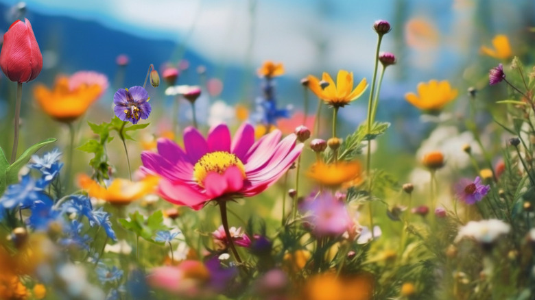 A close up of a field of various colorful flowers