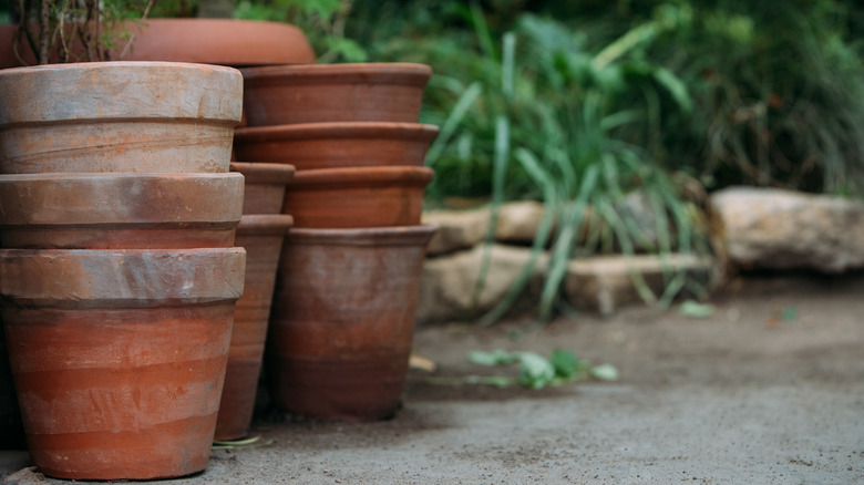 old, weathered pots in a garden