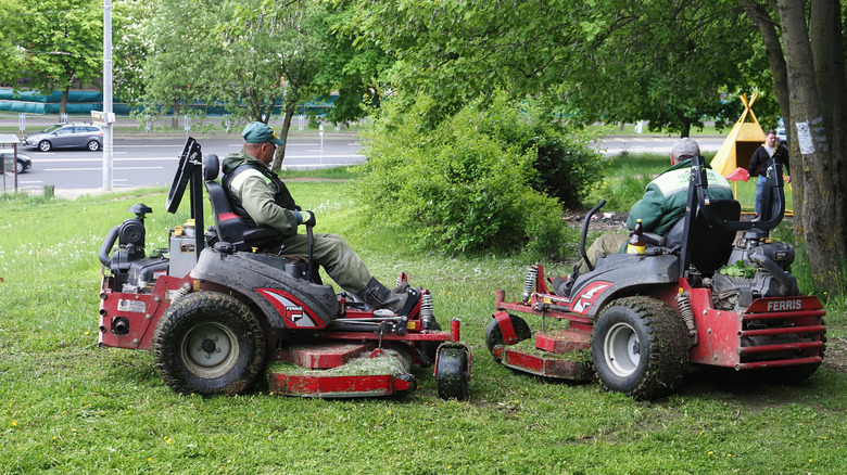 Two men ride on Ferris brand lawn mowers to maintain a grassy park area.
