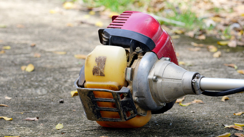 Close up of a gas-powered string trimmer motor