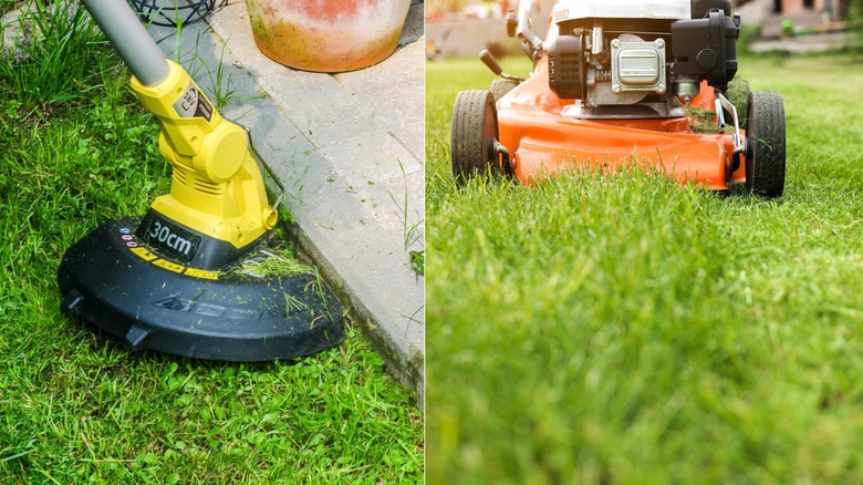 split image of a lawn edger and a lawn mower