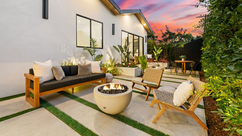 Sleek contemporary fire pit on modern patio
