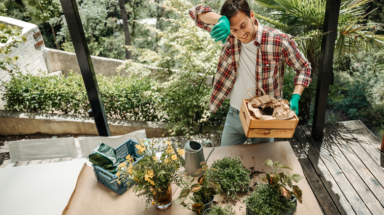 man with materials laid out including moss to make hanging planter