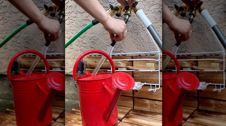 woman using a washing station at an outdoor spigot