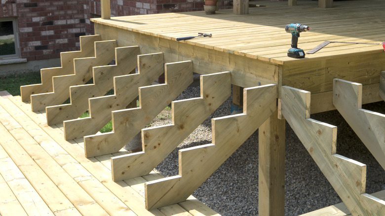 diy deck stairs being built