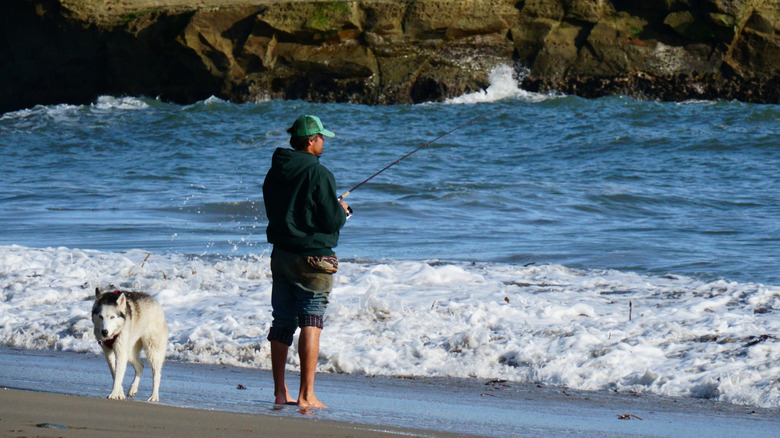 Man with dog fishing on a beach