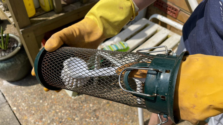 Person cleaning a tube bird feeder