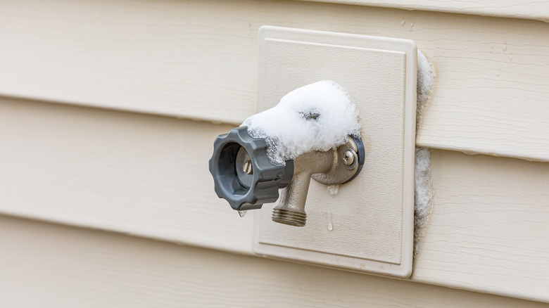 outdoor faucet covered in snow