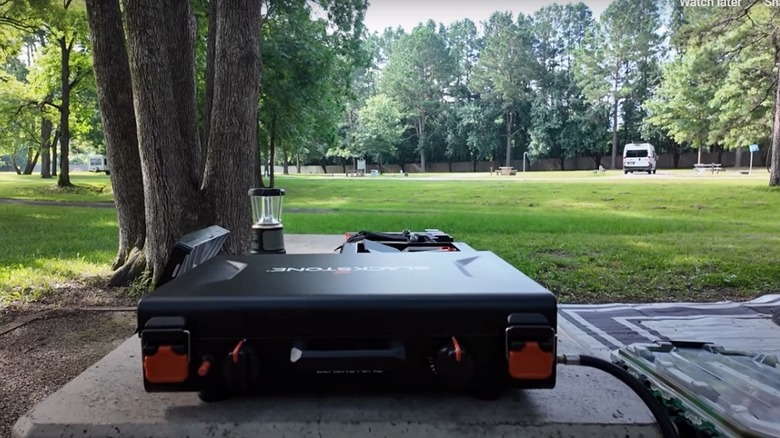 Blackstone camping griddle on a table at campground
