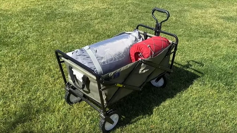 Costco Mac XL Folding wagon with a tent and other camping gear in the wagon