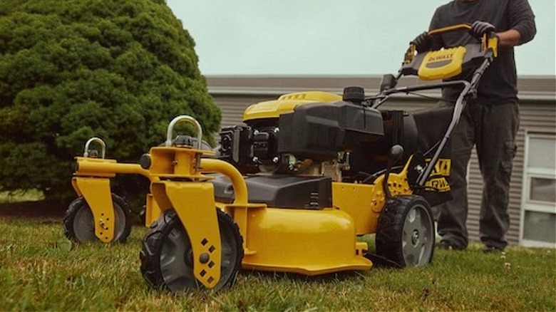 Close-up image of DeWalt mower in use