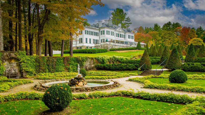 Gardens and fountain at Edith Wharton's The Mount home in autumn
