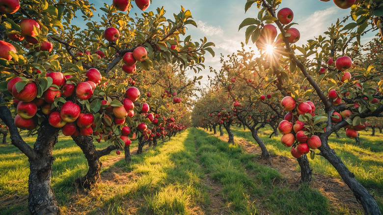 Rows of apple trees with ripe fruits growing