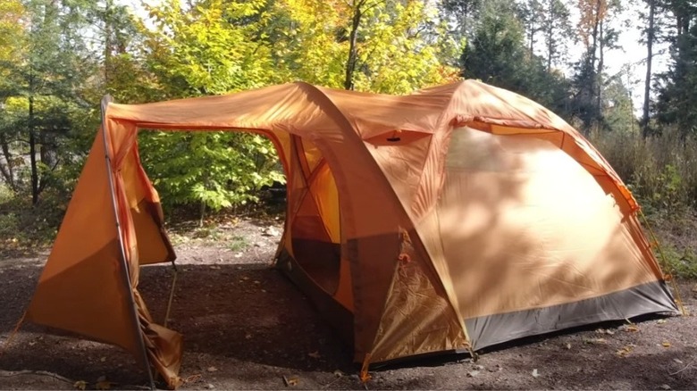 Side view of the North Face Wawona 6 tent, in orange, set up on a treed campsite.