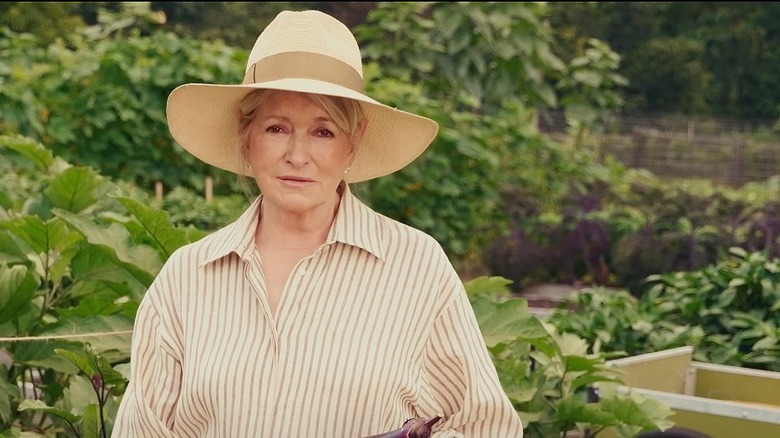 Martha Stewart in a sunhat in front of one of her gardens