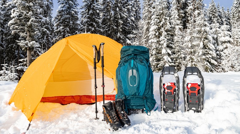 camping gear in snow