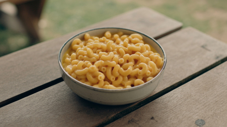 A bowl of mac 'n cheese on a picnic table